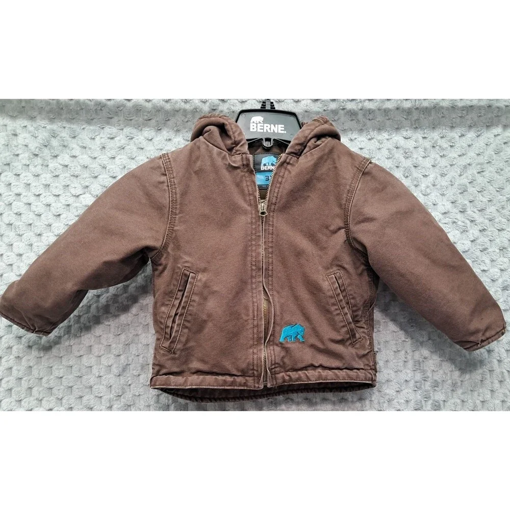 BERNE Coat Boys Sz 3T Toddler Duck Canvas Quilted Zip Work Chore Jacket Hooded
